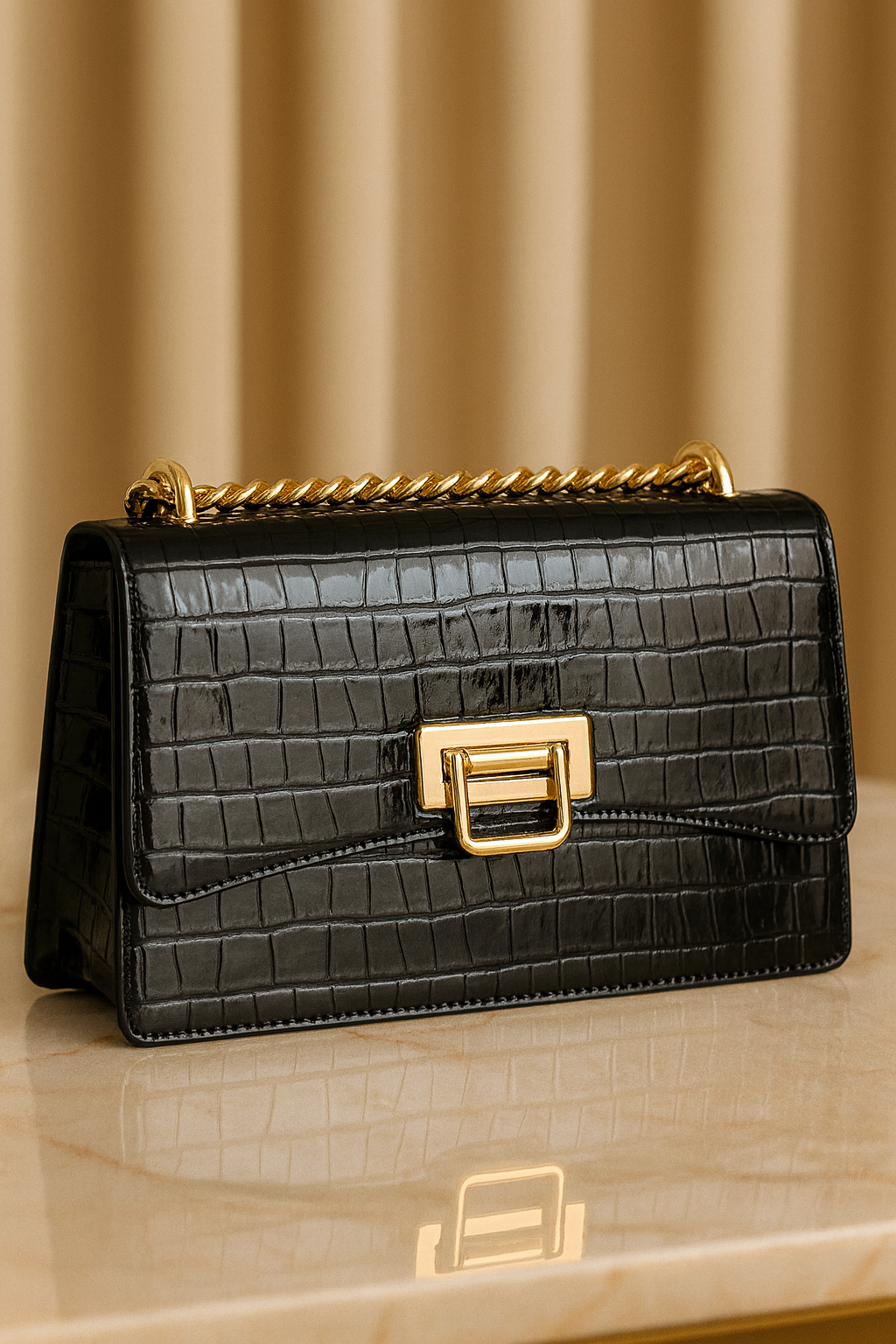 Sac à main Croco Noir & Or